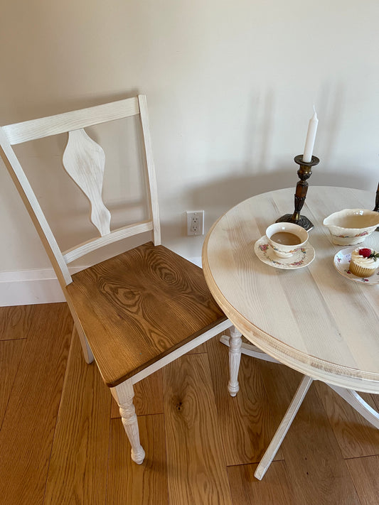 French cottage style chair, made out of solid Canadian hardwood Ash with round flouted front legs, solid seat and back.  size W=20" (50cm) D=18" (45cm) H=34" (85cm)  available in 2 colour variation   product shipped in pairs