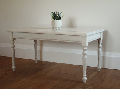 This French cottage style coffee table is hand crafted by Canadian Amish/Mennonite craftsman. Made out of reclaimed ,rustic, natural Canadian hardwood ash. This timeless vintage design combine new and old style. Unique wire brushed ,distressed and organic finish it is easy to maintain and is our statement that we are supporting natural wood beauty.