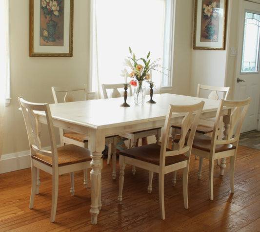 This French cottage harvest table is hand crafted by Canadian Amish/Mennonite craftsman. Made out of reclaimed, rustic, natural Canadian hardwood ash. This timeless vintage design combine new and old style is perfect for your dining room or kitchen table. Unique wire brushed, distressed and organic finish  is easy to maintain and is our statement that we are supporting natural wood beauty.